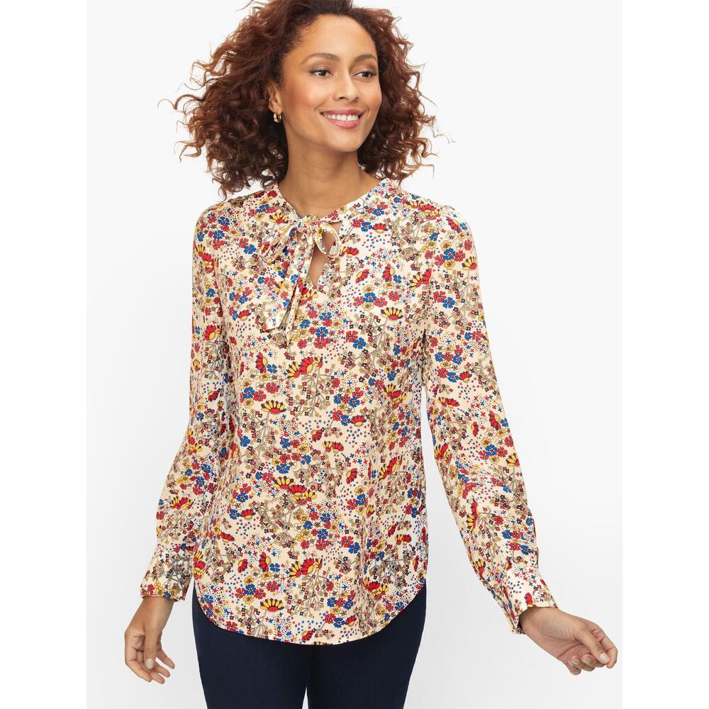 Talbots Meadow Colorful Floral Tie Neck Blouse Top Size XL - Picture 3 of 11